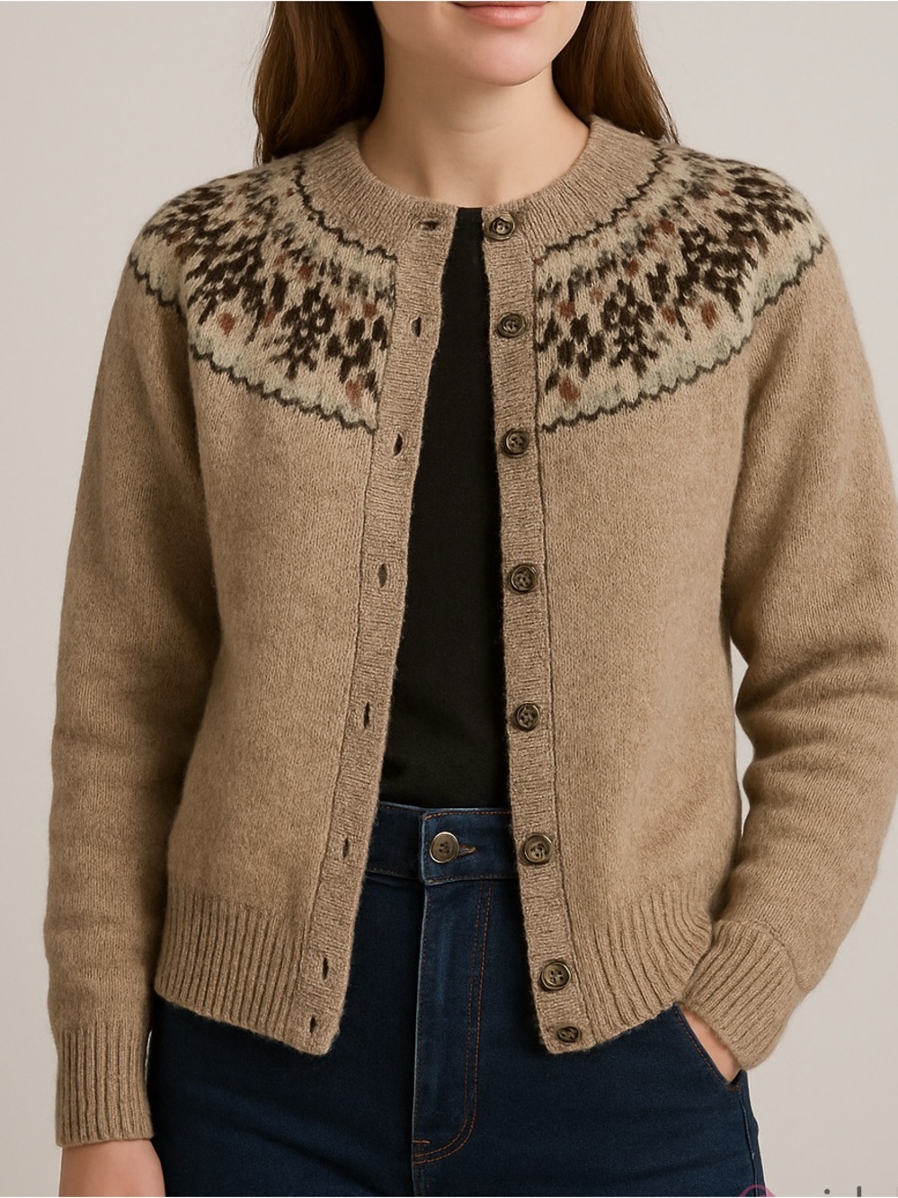 Handmade vintage Nordic Yoke fair isle Cardigan Sweater beige size medium